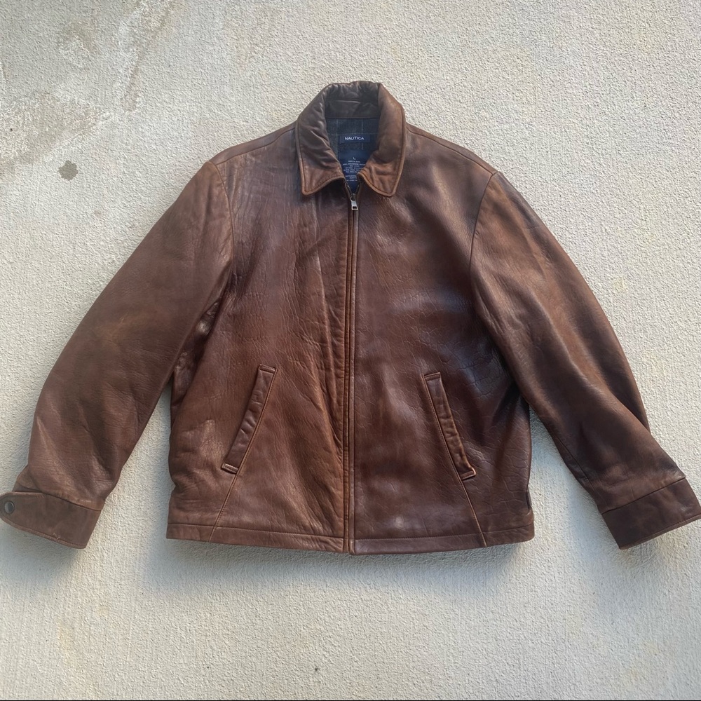 Vintage Nautica Brown Leather Distressed Bomber Jacket Wool Lined Men’s Large